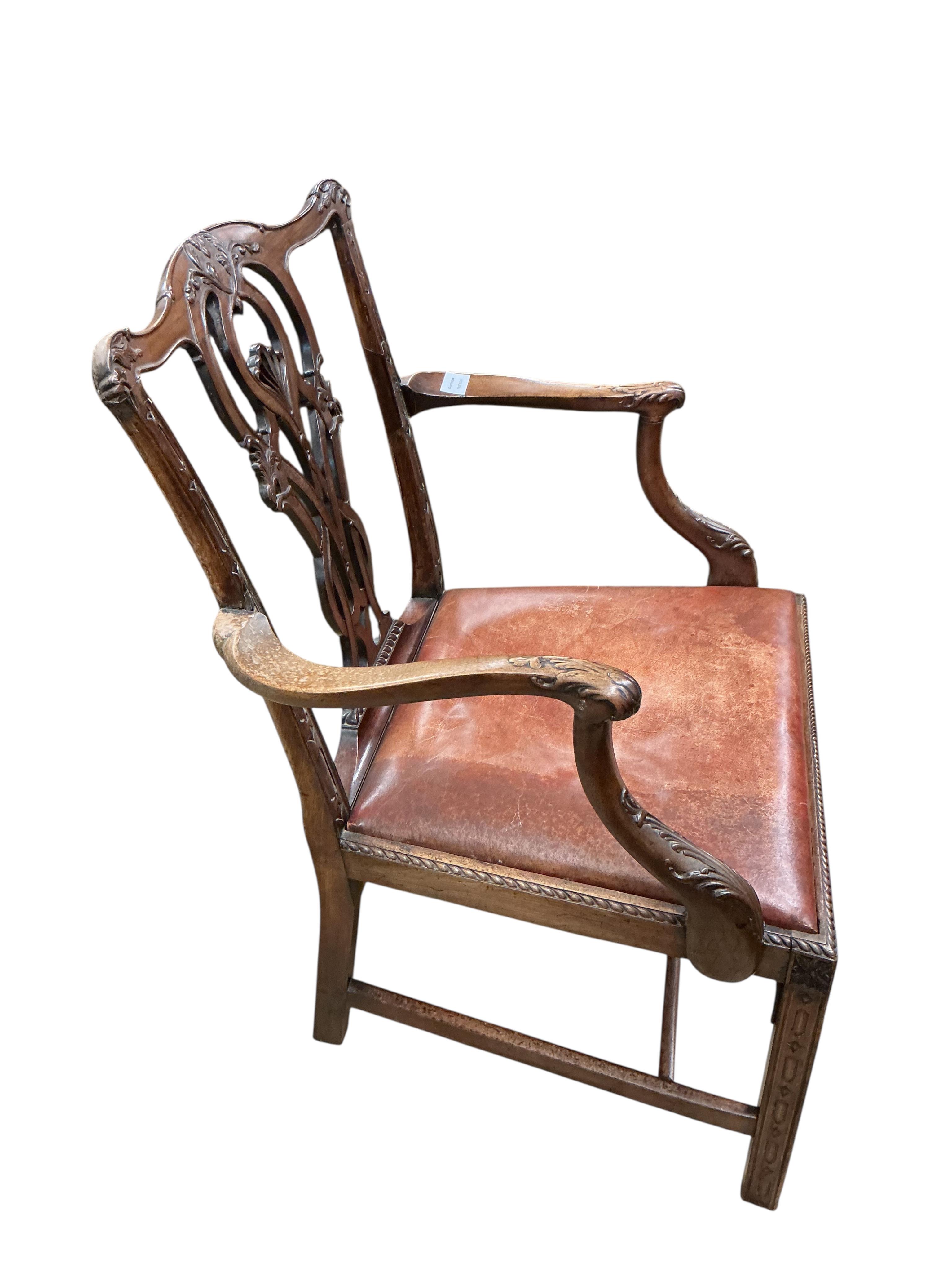 A George III Chippendale design mahogany elbow chair, width 65cm, depth 51cm, height 95cm